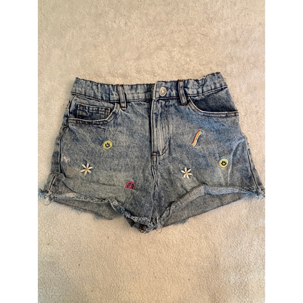 Jessica Simpson Sabrina Embroidered Denim Shorts Girls Size 10 Rainbow Smiley
